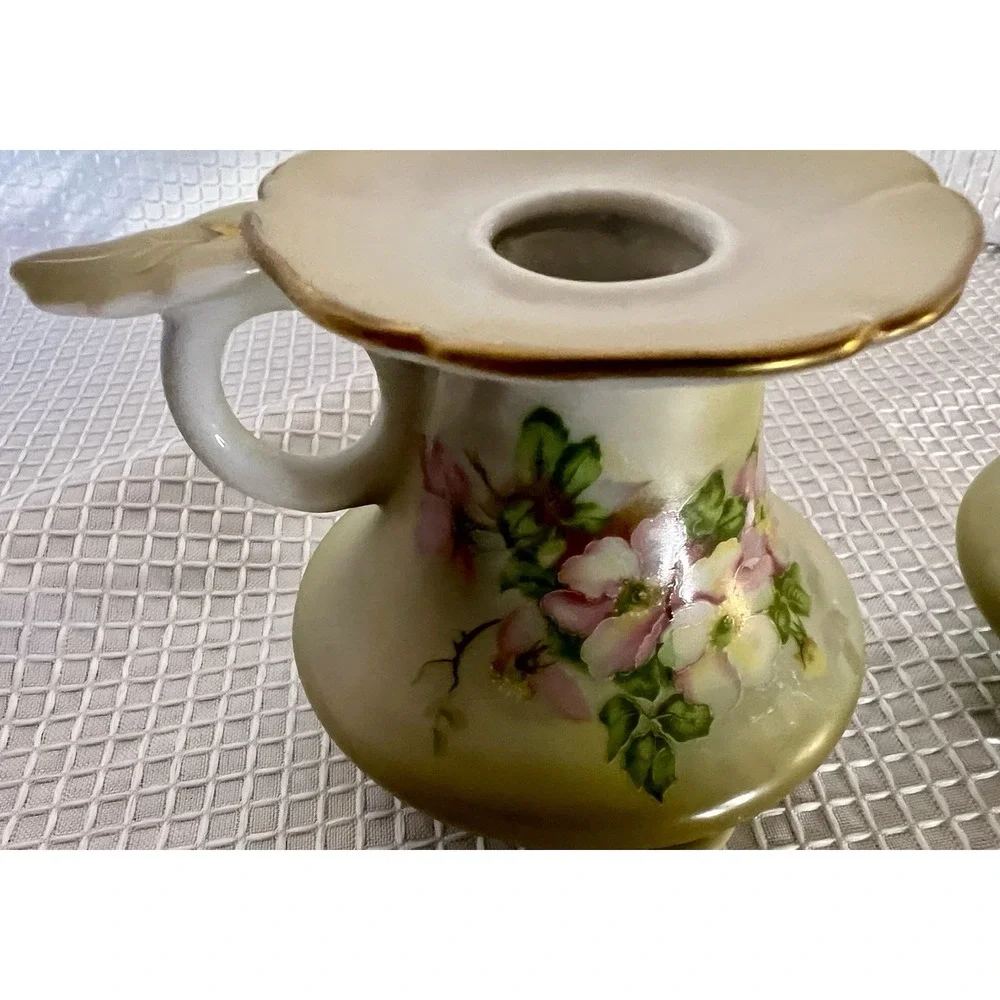 Vtg Nippon Hand Painted Porcelain Floral Candlesticks Pair Light Green Pink Gold